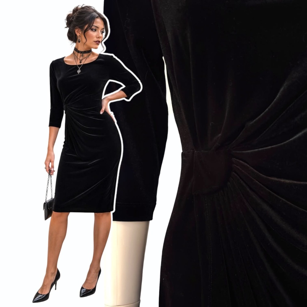 Vtg Y2K Black Velvet Ruched Midi Dress Size 10 3/4 Sleeve Cocktail Minimalist